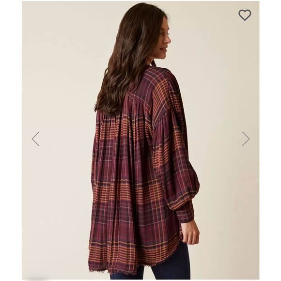Free People Come On Over Burgundy & Gold Plaid Swing Flannel Over Sized Button D - Picture 1 of 10